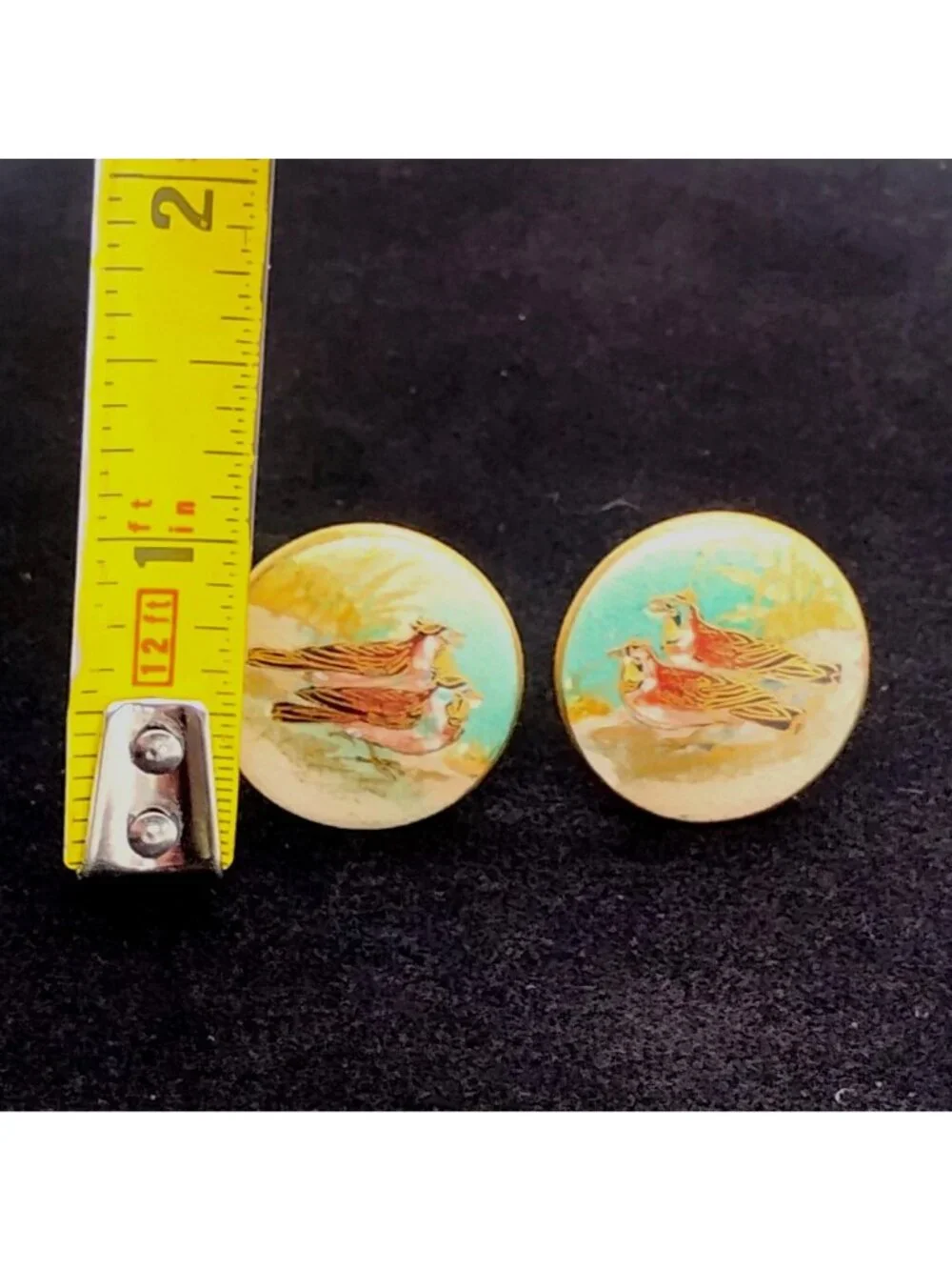 Vintage Satsuma Hand Painted Porcelain Quail Bird Button Cufflinks